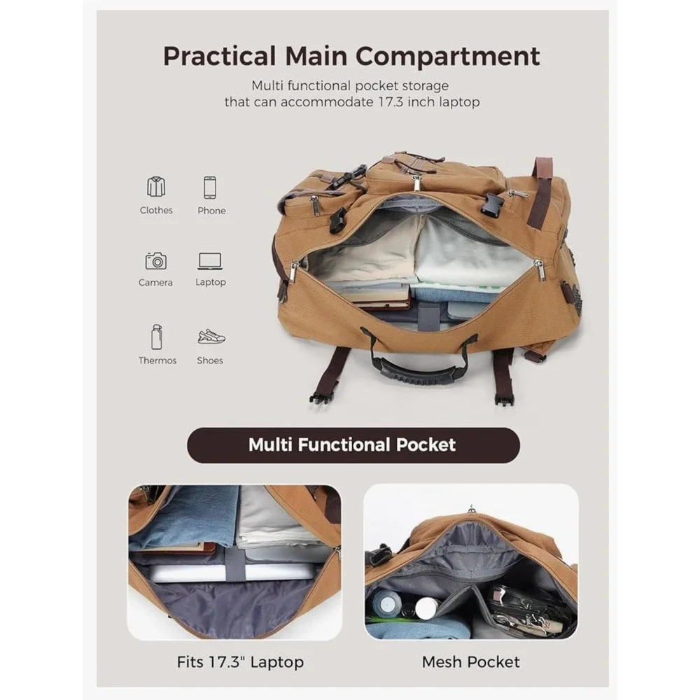 Leke‎ 3-in-1 Convertible Travel Backpack Khaki Canvas 17.3 Laptop Bag 21x14x8